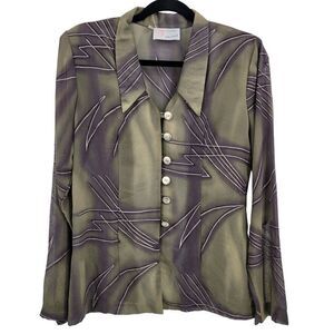 70s Blouse Artsy Disco See Through Abstract Metallic Dagger Button Sage Purple M
